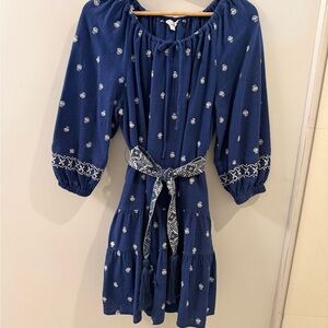 A Loves A Navy Blue Dress with White Embroidered Cotton - XL